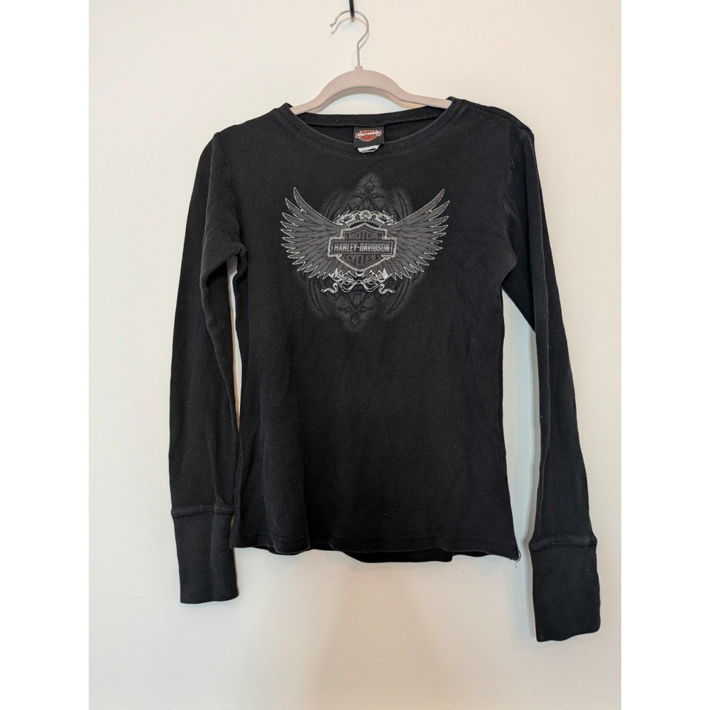 Harley Davidson Shirt Womens Small Black Babydoll Biker Graphic Top Wings